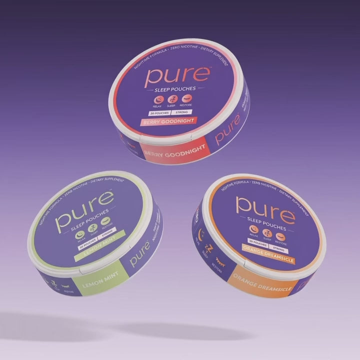 Pure Sleep Pouches — Berry Goodnight, Lemon Mint and Orange Dreamsicle cans, 20 melatonin pouches per can